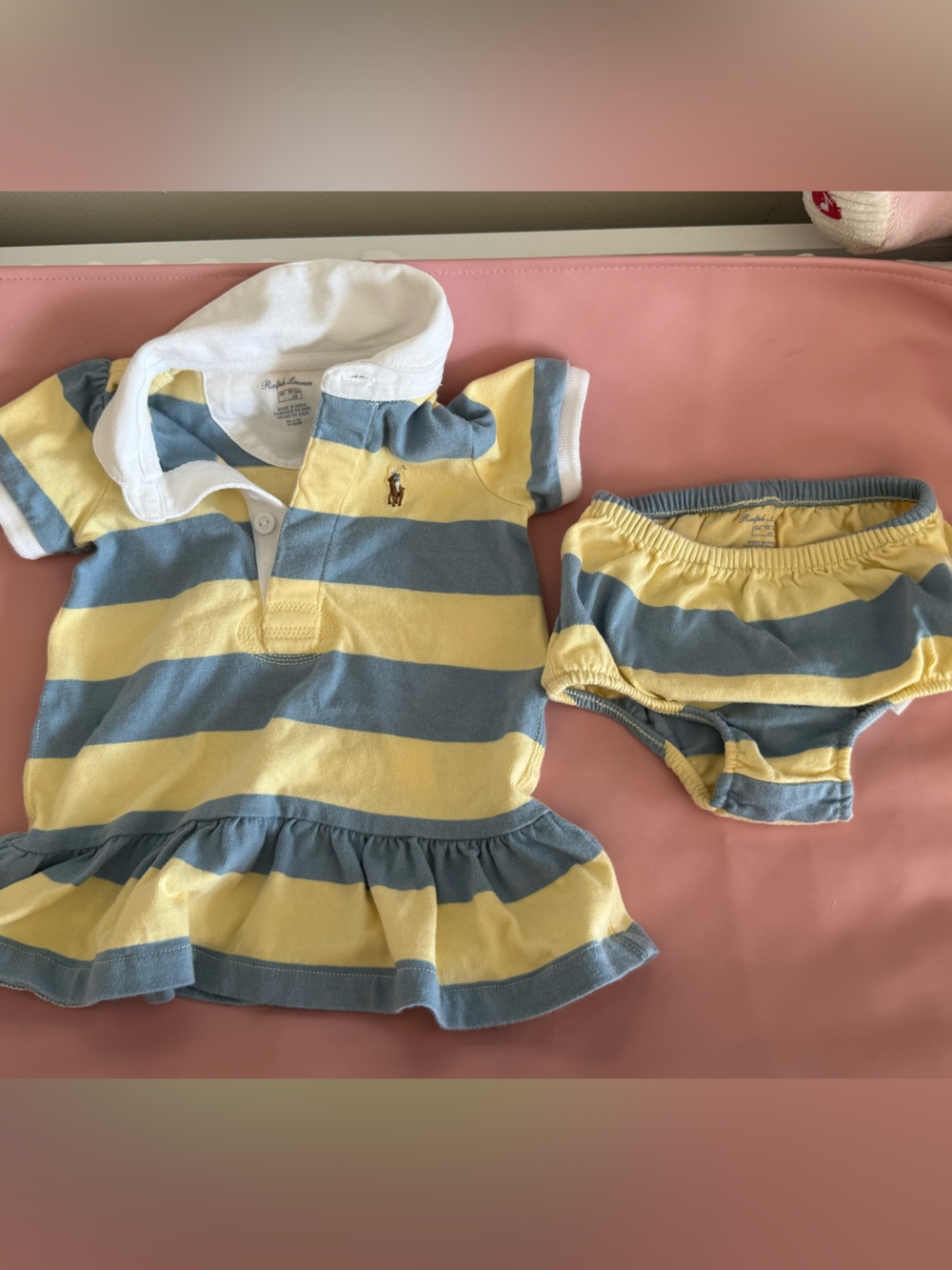 Ralph Lauren Yellow & Blue Striped Polo Dress and Bloomer Set